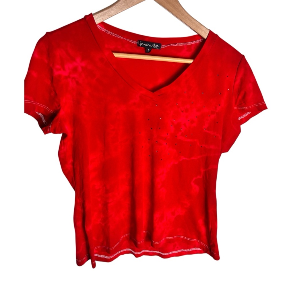 Jessica Max Y2K 90s red acid wash mesh v neck with rhinestone embellishments